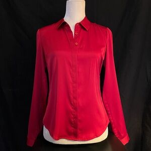 Satin S Button Up Blouse Collared - EUC, Red Wine Work Suit Shirt